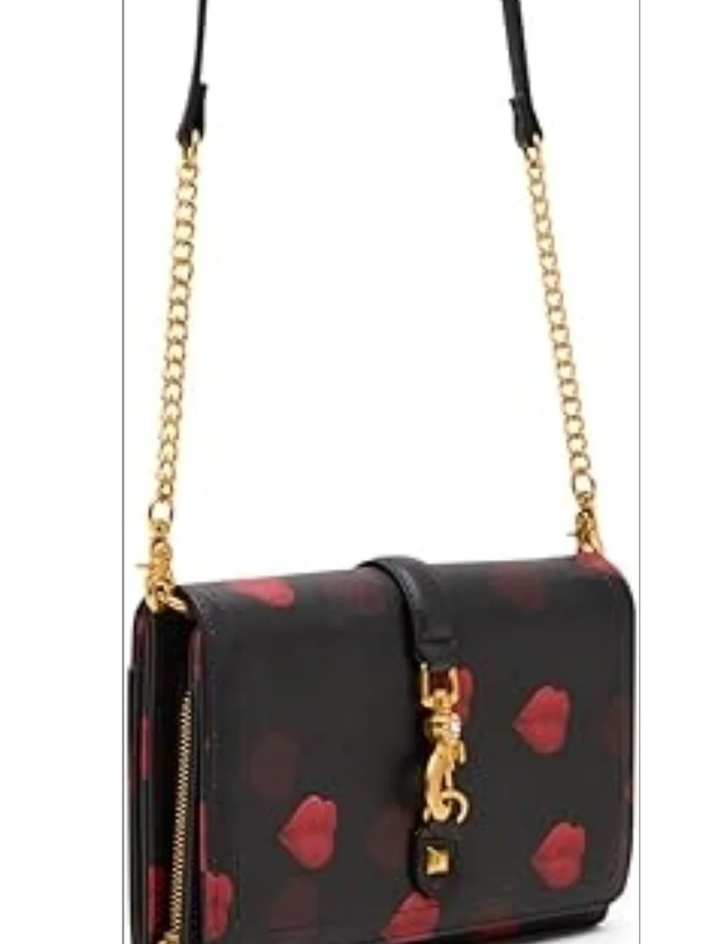 Betsey Johnson Black Crossbody Bag with Red Lip Motif & Gold Chain